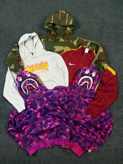 Branded Streetwear Hoodies & Jackets Bundle | Grade AB | Mixed Sizes | BAPE, Thrasher, Nike & More | Streetwear Wholesale